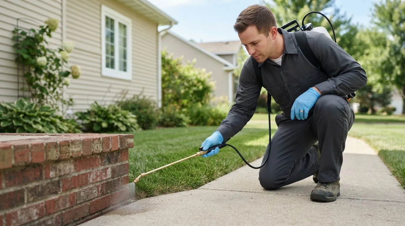 Pest control technician treating a home near Saint John, IN